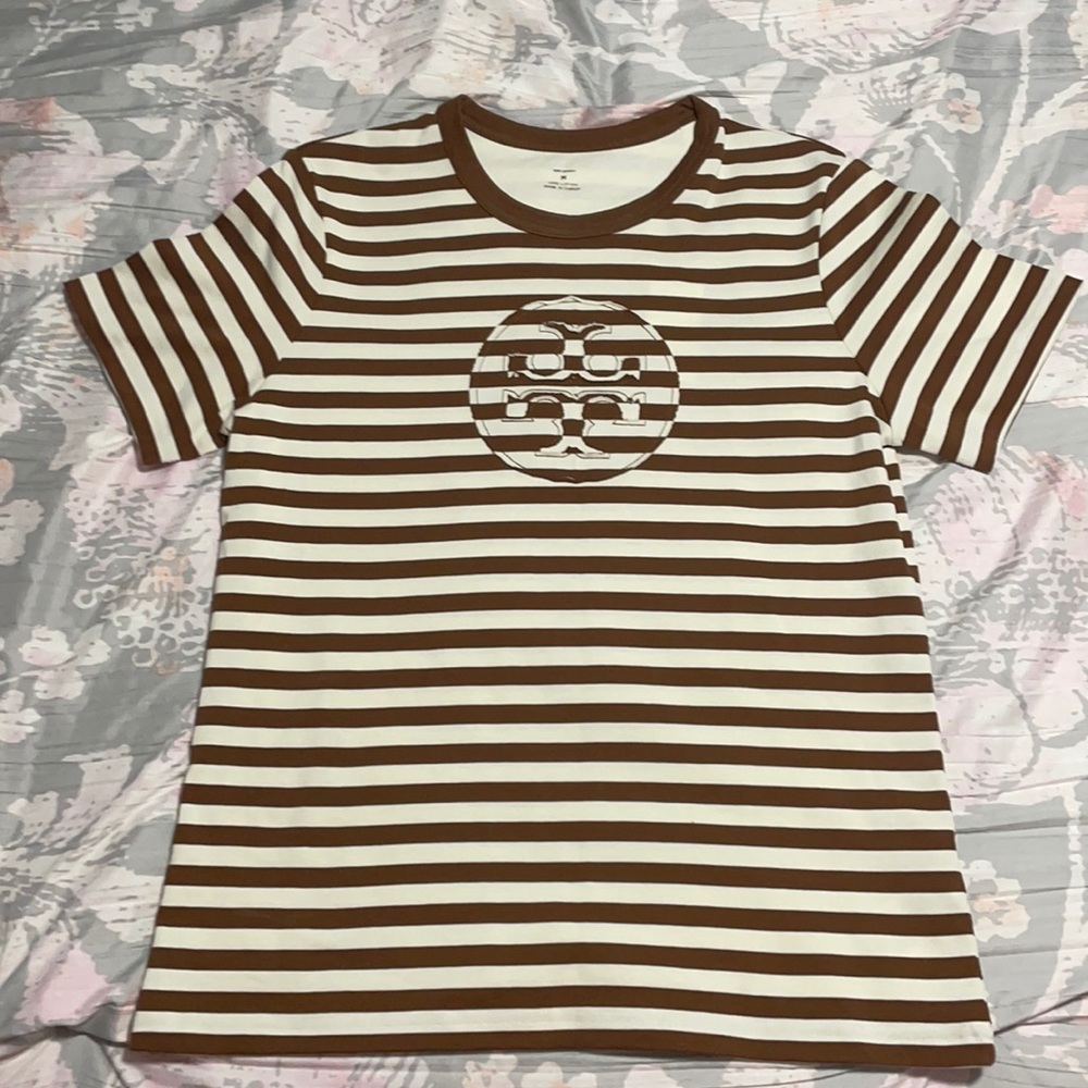 Tory Burch Brown and White Striped Logo Tee